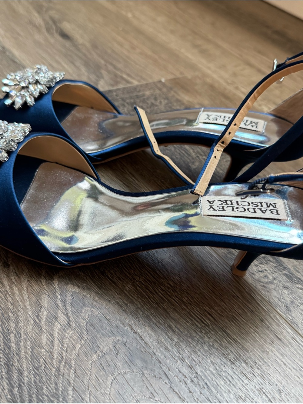 Badgley Mischka Navy Satin Gem-Embellished Open-Toe Heels - Picture 2 of 5
